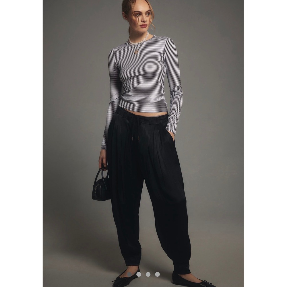 Anthropologie NWT Black silky cuffed barrel Satin Pleated Jogger Pants Size S
